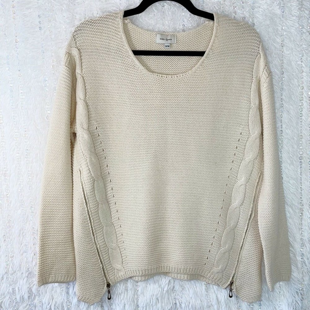 WITH GRACE Cable Knit Sweater Women’s SMALL / MEDIUM Side Zip Detail Beige S / M
